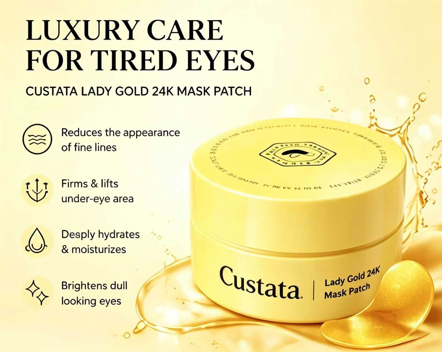Custata 24K Gold Collagen Eye Patches – Anti-Aging Under Eye Masks for Puffiness, Dark Circles & Fine Lines